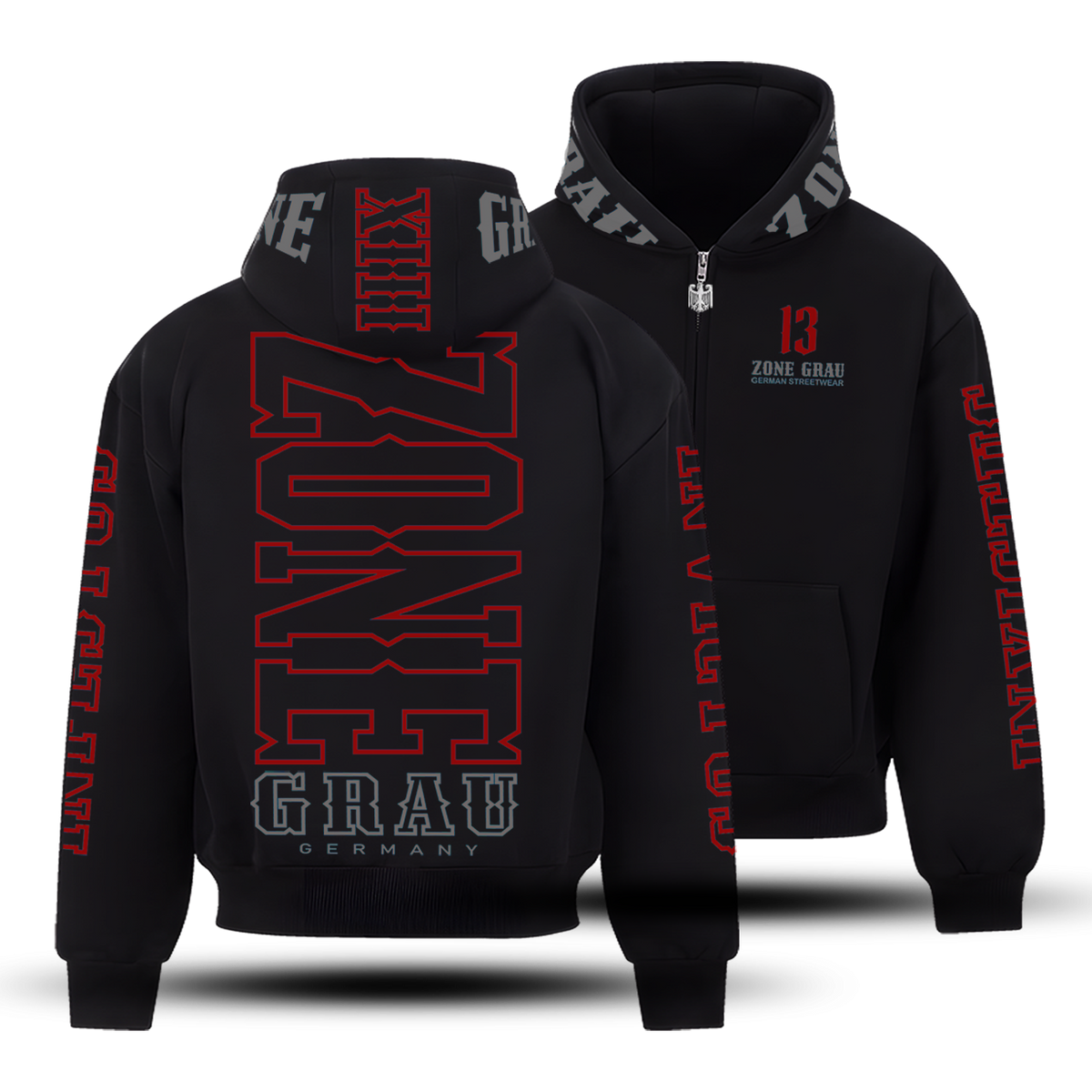 ZONE GRAU "13" – Ultra-Heavy Full-Zip-Hoodie (Black)